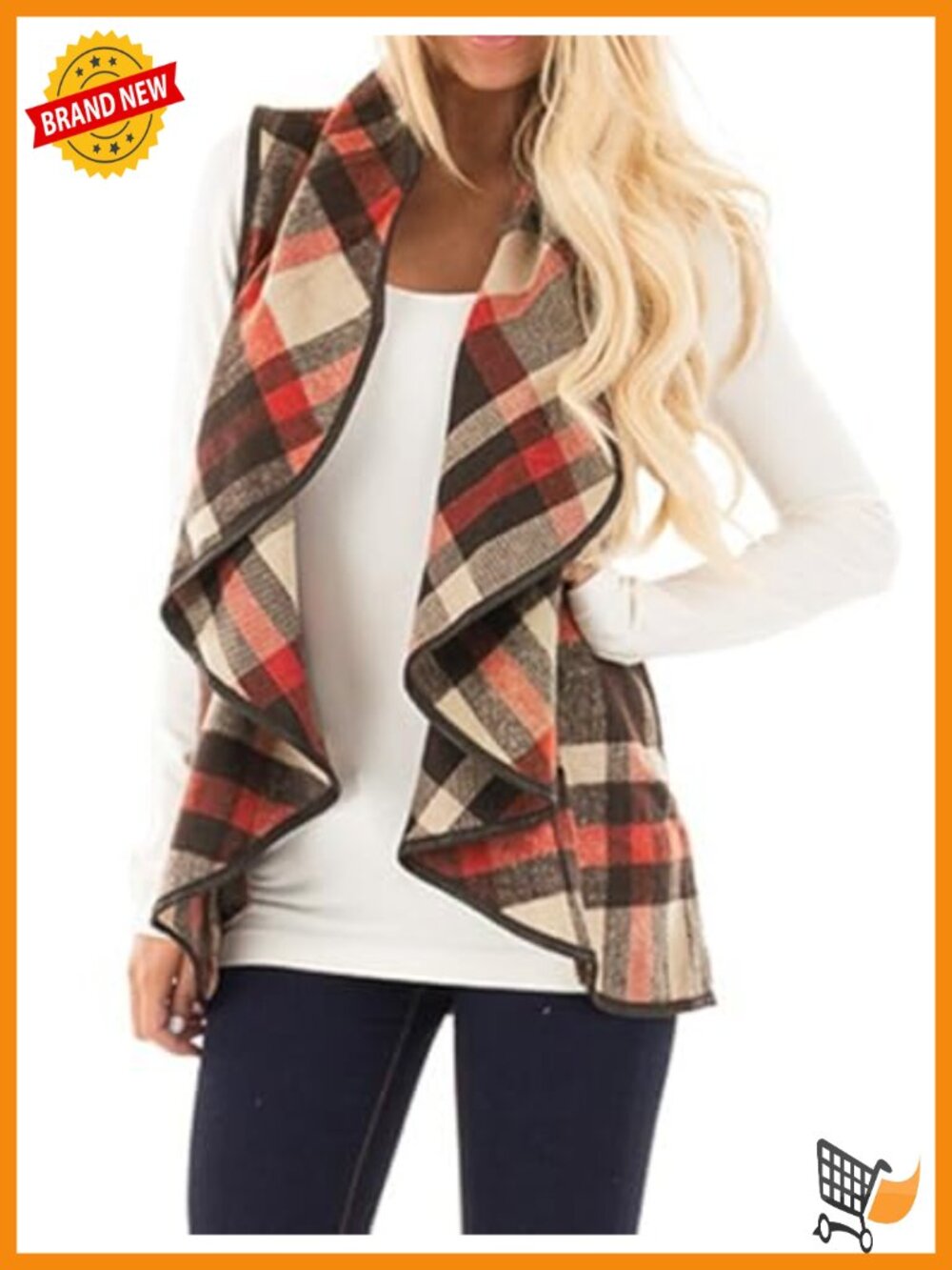 Plaid Vest Lapel Open Front Sleeveless Cardigan Polycotton